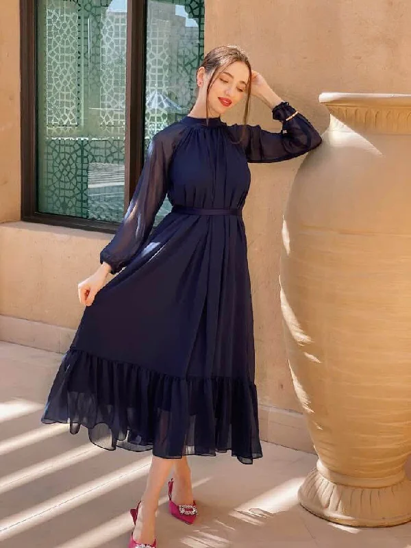 Stylish Outerwear Clothing For Women Embrace New Fashion Aria - Navy Blue Chiffon Dress Stylish Outerwear Clothing For Women Embrace New Fashion Aria - Navy Blue Chiffon Dress