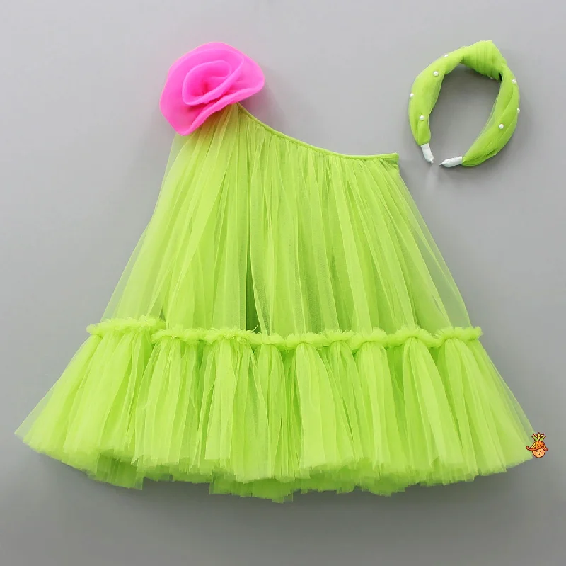 Women's Everyday Attire Fashion Forward Femininity Contrasting Rose Adorned One Shoulder Green Dress With Matching Knot Detail Hair Band Women's Everyday Attire Fashion Forward Femininity Contrasting Rose Adorned One Shoulder Green Dress With Matching Knot Detail Hair Band