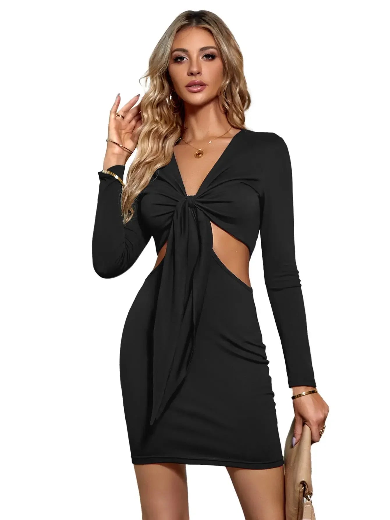 Casual Apparel For Women Relaxed Style Deals Mid Waist Sexy Split V-Neck Elastic Outfits Solid Midi Dresses