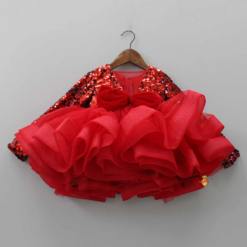 Stylish Women's Attire Forward Trendsetter Elegant Red Sequined Bow Dress