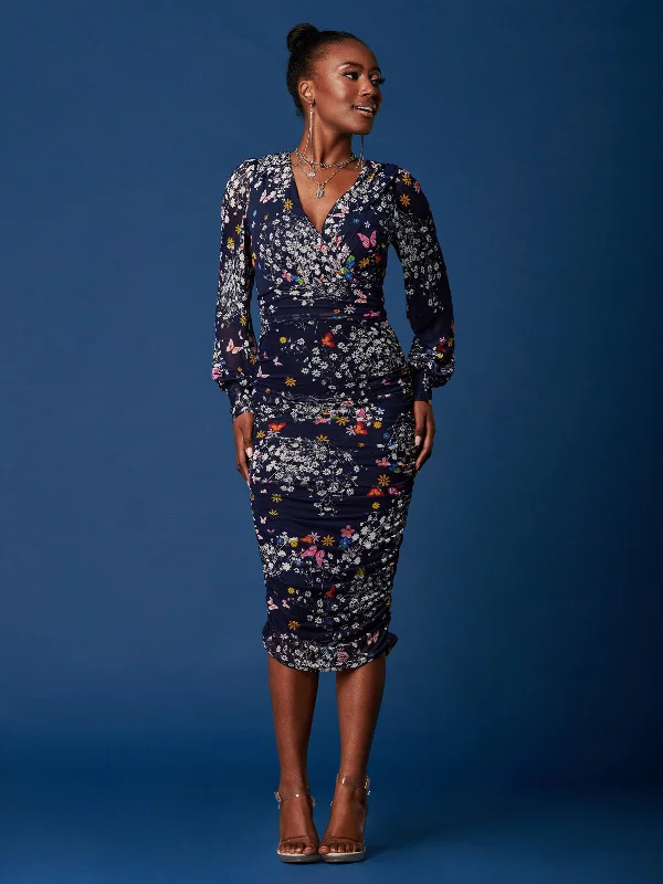 Women's Apparel And Garments Fashion Sale Long Sleeve Ruched Mesh Midi Dress, Navy Floral