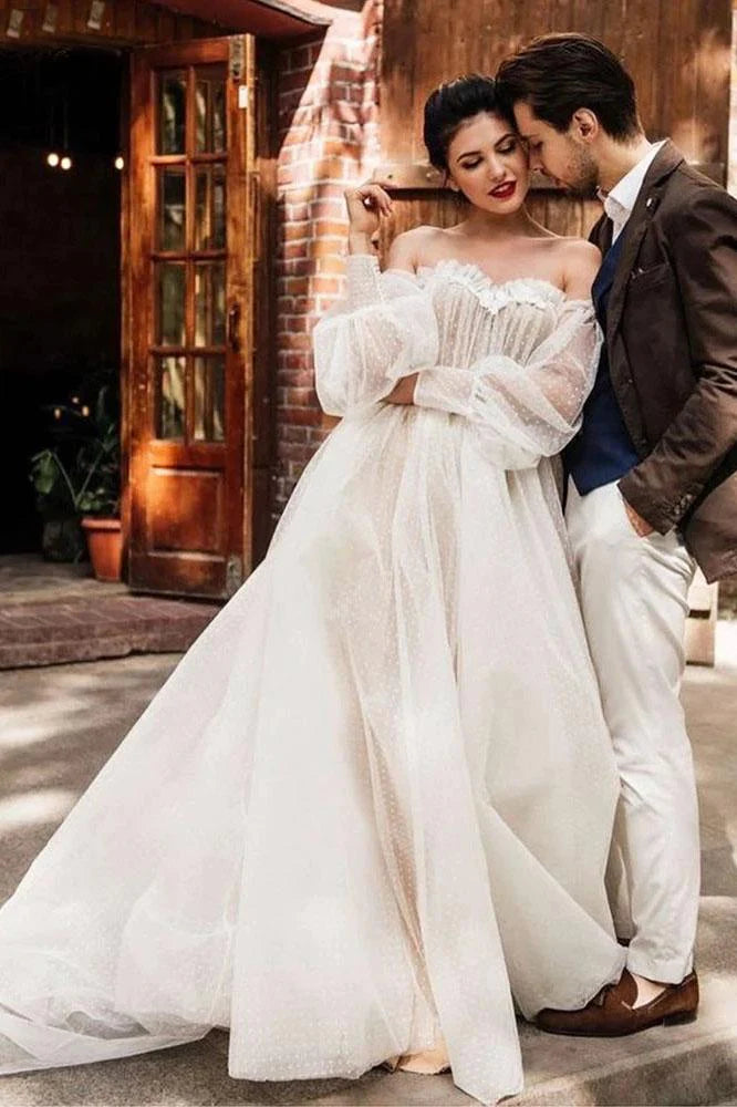 Women's Work Outfit Best Deals Of The Season Off the Shoulder Bride Dress Simple Long Puffy Sleeves Wedding Gown