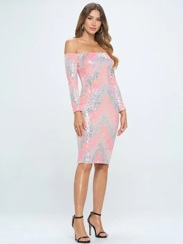Stylish Women's Garments For Holidays Must Haves WOMEN'S LONG SLEEVE OFF SHOULDER BODYCON MULTI SEQUINS MIDI DRESS