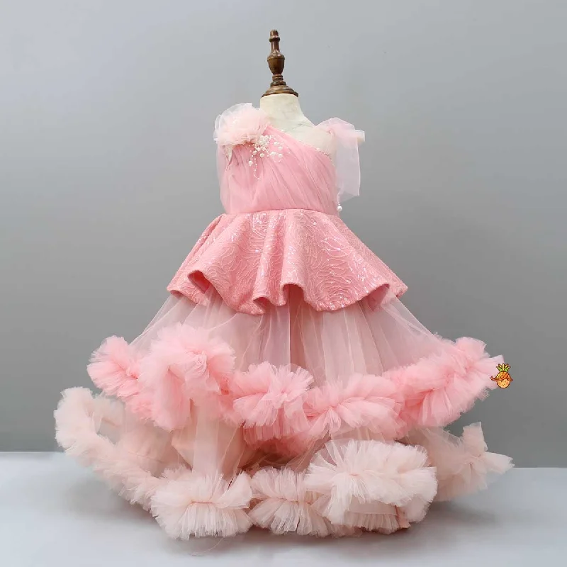 Fashionable Women's Outfit Clearance Sale, All Cheap Fancy Peach Ruffle Peplum Gown Fashionable Women's Outfit Clearance Sale, All Cheap Fancy Peach Ruffle Peplum Gown