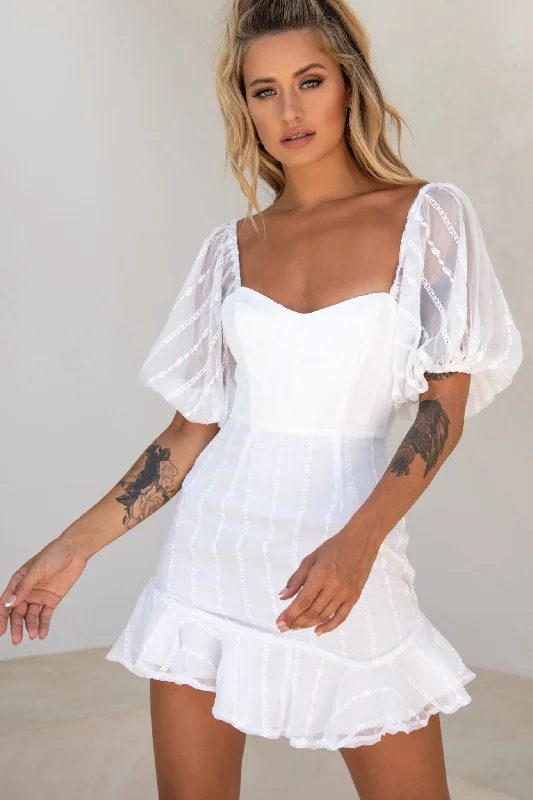 Women's Night-Out Outfit Special Offer Ring My Bell Sheer Puff Sleeve Embroidery Detail Dress White