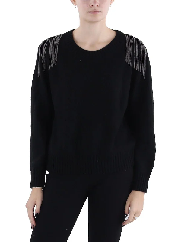 Women's Outerwear Attire Chic And Edgy Sympatico Womens Fringe Crewneck Pullover Sweater