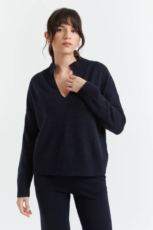 Women's Work Apparel Exclusive Deals Online Navy Cashmere V-Neck Funnel Sweater