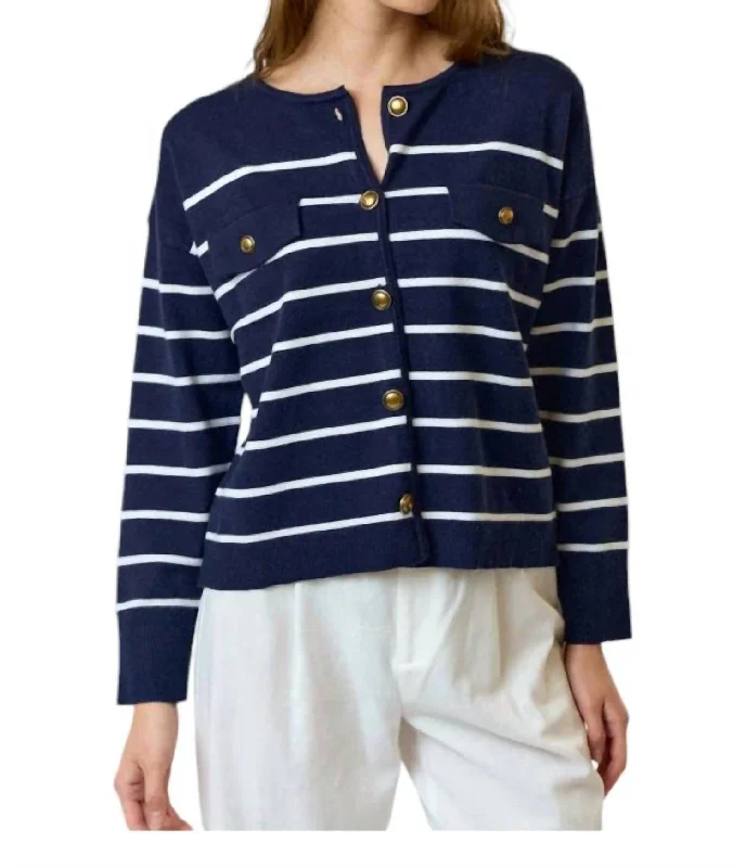 Women's Cozy Outfit For Lounging Hurry Before It'S Gone Stripe Cardigan In Navy