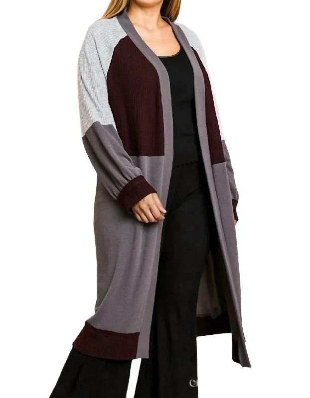 Casual Outfit For Women Big Savings Color Block Ribbed Sweater Cardigan In Charcoal/wine Casual Outfit For Women Big Savings Color Block Ribbed Sweater Cardigan In Charcoal/wine