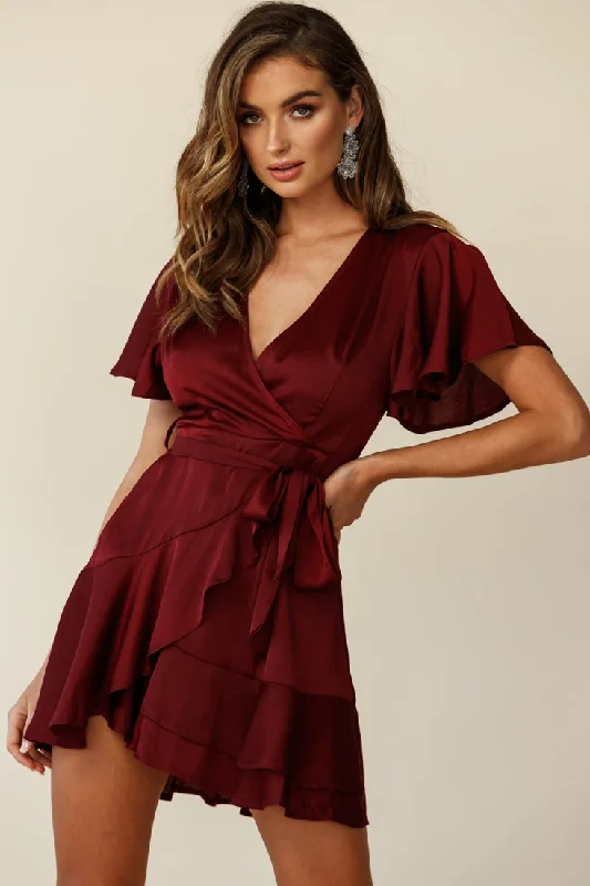 Comfortable Garments For Women Fresh Styles, Fresh Deals Cami Angel Sleeve Faux Wrap Dress Wine Comfortable Garments For Women Fresh Styles, Fresh Deals Cami Angel Sleeve Faux Wrap Dress Wine