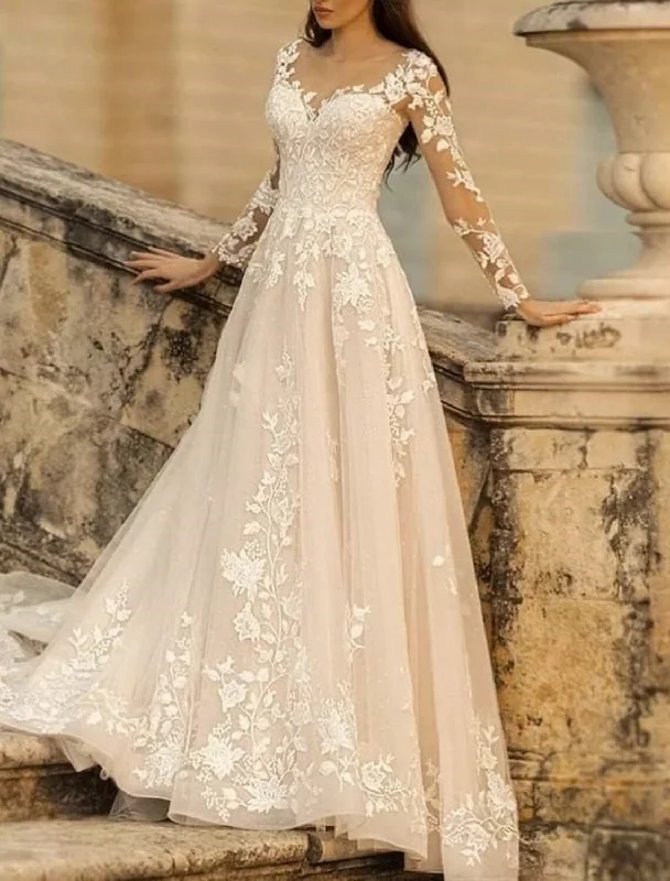 Plus-Size Women's Garments Special Offers, Don't Miss Beach Formal Wedding Dresses A-Line V Neck Long Sleeve Sweep / Brush Train Lace Bridal Gowns With Flower Solid Color Plus-Size Women's Garments Special Offers, Don't Miss Beach Formal Wedding Dresses A-Line V Neck Long Sleeve Sweep / Brush Train Lace Bridal Gowns With Flower Solid Color