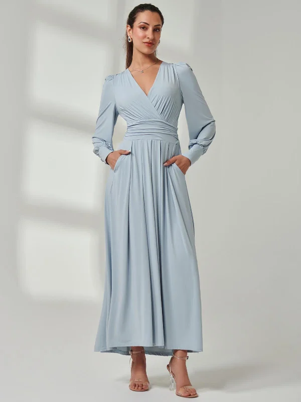 Women's Outfit Cool Prices Long Sleeve Soft Silky Jersey Maxi Dress, Ice Blue