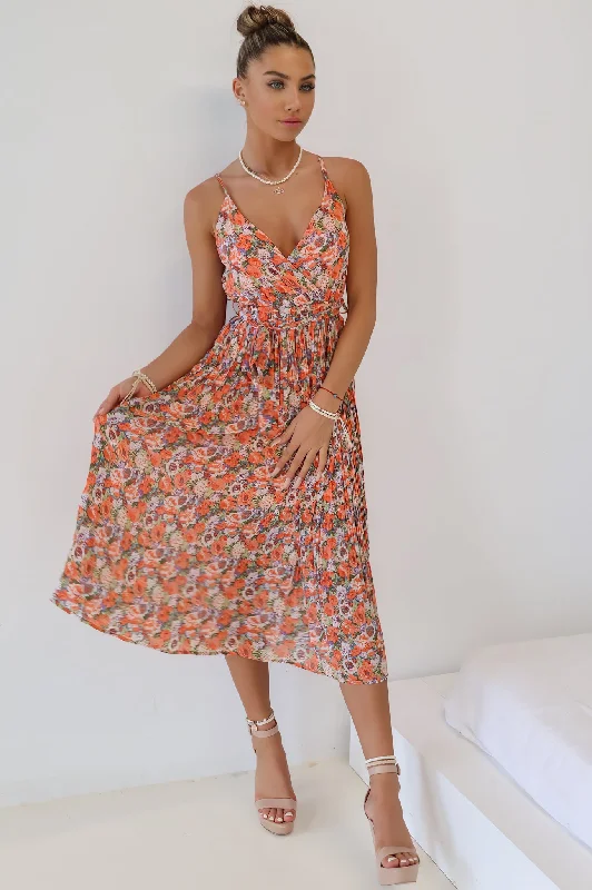 Women's Stylish Casual Garments Trendy Pulse Jamie Midi Dress - Orange Floral