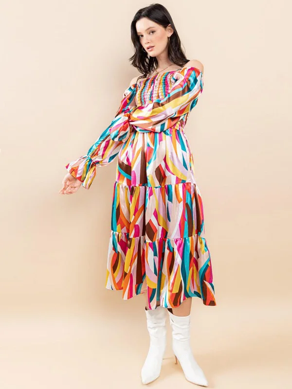 Charming Everyday Clothing For Women Spring Fashion WOMEN'S OFF SHOULDER LONG SLEEVE SMOCK FRONT POCKETS TIERED MIDI DRESS