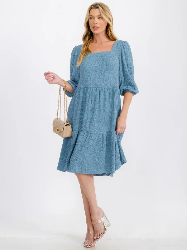 Women's Work Outfit For The Office Premium Style Offers WOMEN'S 3/4 SLEEVE SQUARE NECK TIERED POCKETS  MIDI DRESS