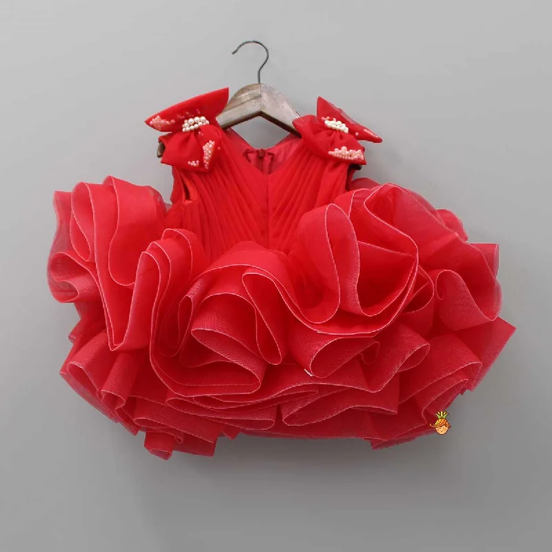Women's Clothing And Garments Sets Chic Styles Bows Enhanced Ruffle Layered Red Net Dress Women's Clothing And Garments Sets Chic Styles Bows Enhanced Ruffle Layered Red Net Dress