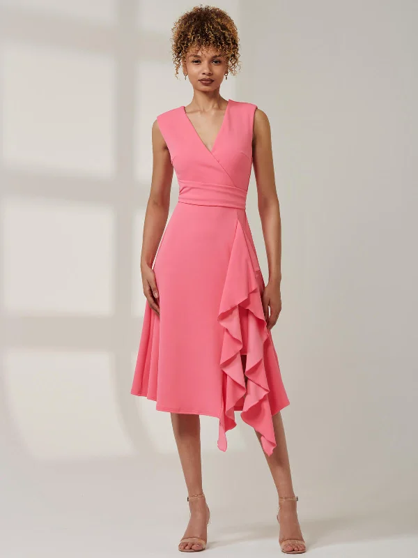 Women's Holiday Attire Must Haves Qiana Ruffle Detail Midi Dress, Pink