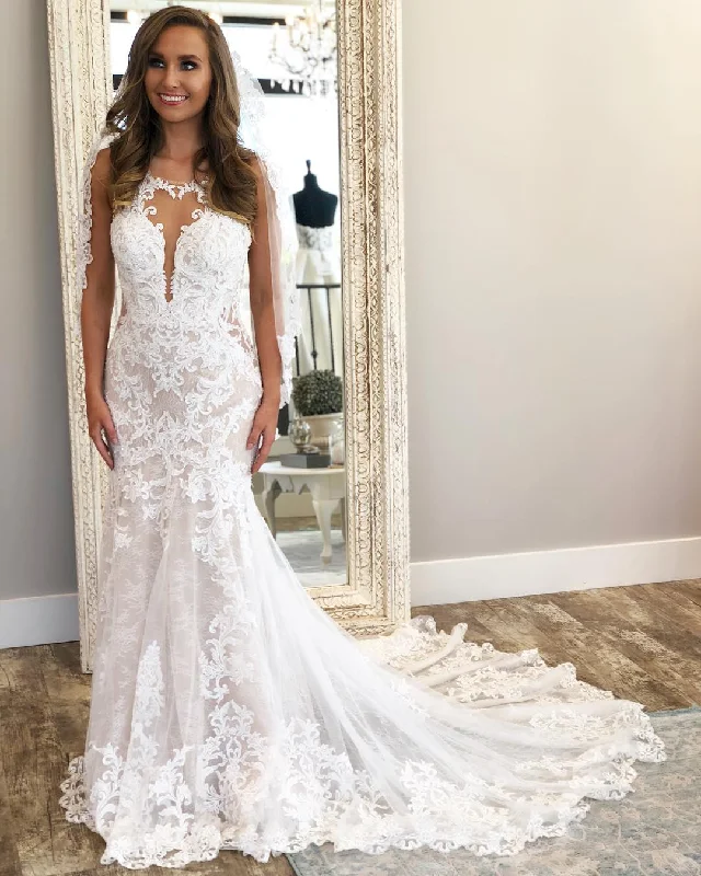Women's Vintage-Inspired Outfit Classy Style Discounts Fitted Illusion Lace Low Back Wedding Dress Women's Vintage-Inspired Outfit Classy Style Discounts Fitted Illusion Lace Low Back Wedding Dress