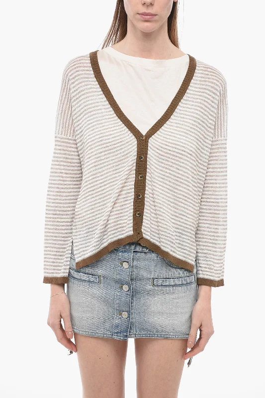 Women's Vintage-Inspired Clothing Trendy Women'S Wear Collection Whyci V-Neck Striped Linen Blend Cardigan