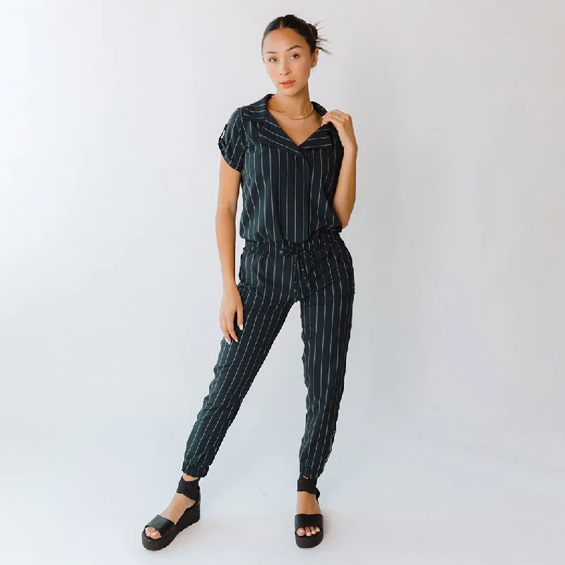 Women's Transitional Garments Hot Deals Navy Pinstripe Collar Jumpsuit