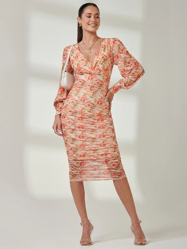 Chic Women's Attire Special Offers, Don't Miss Long Sleeve Ruched Mesh Midi Dress, Orange Multi Chic Women's Attire Special Offers, Don't Miss Long Sleeve Ruched Mesh Midi Dress, Orange Multi