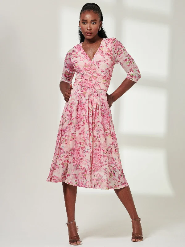 Casual Outfit For Women Limited Stock Brisa Mesh 3/4 Sleeve Midi Dress, Pink Multi