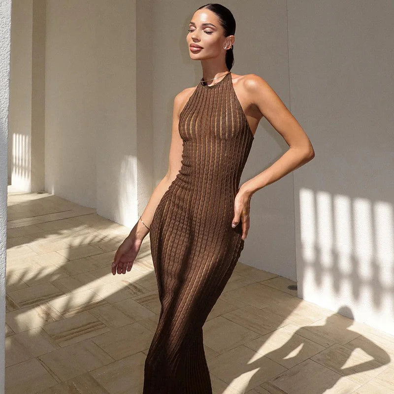 Fashionable Women's Clothing Ride The Style Wave Knitted Hollow Out Sheer Backless Slim Beach Halter Neck Stylish Maxi Dress Fashionable Women's Clothing Ride The Style Wave Knitted Hollow Out Sheer Backless Slim Beach Halter Neck Stylish Maxi Dress