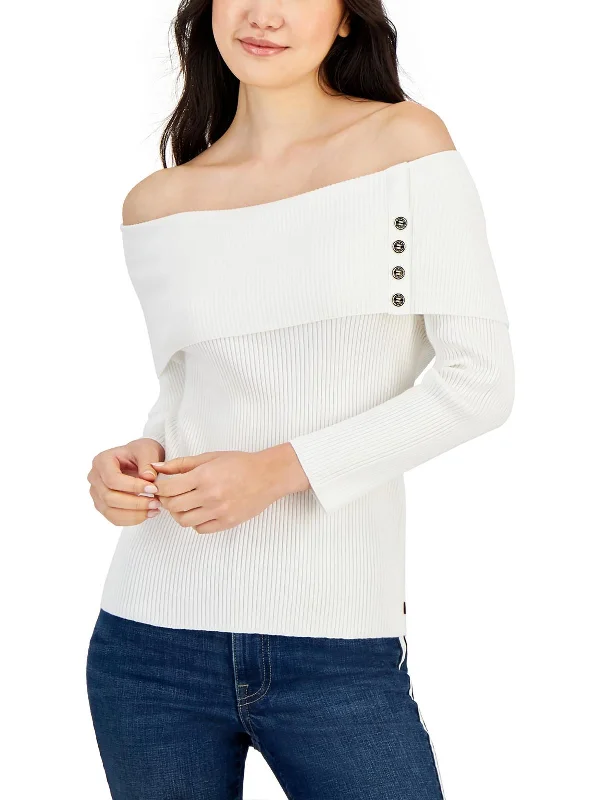 Women's Transitional Outfit Best Sellers Womens Button Trim Ribbed Turtleneck Sweater