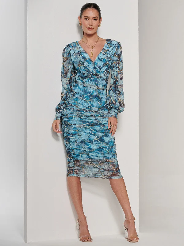 Women's Classic Attire The Latest Fashion Trends Long Sleeve Ruched Mesh Midi Dress, Blue Abstract Women's Classic Attire The Latest Fashion Trends Long Sleeve Ruched Mesh Midi Dress, Blue Abstract