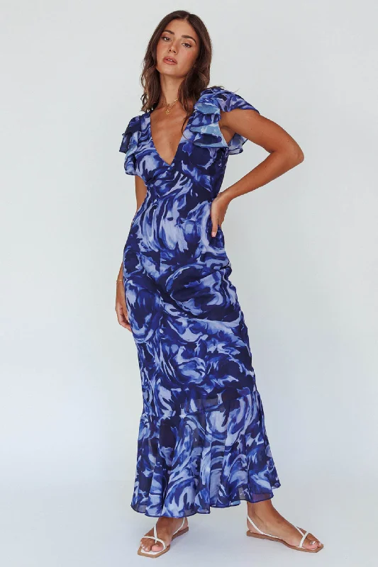 Women's Workout Garments Find Your Unique Flair Lydiah Ruffle Sleeve Maxi Dress Floral Blue