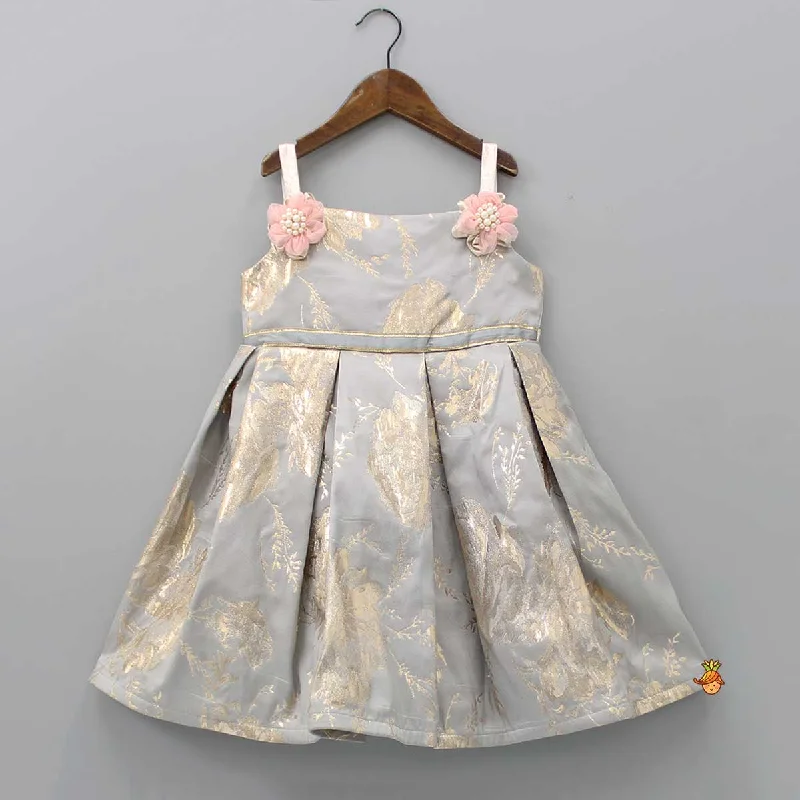 Women's Elegant Garments Stylish Deals Grey Brocade Box Pleated Dress
