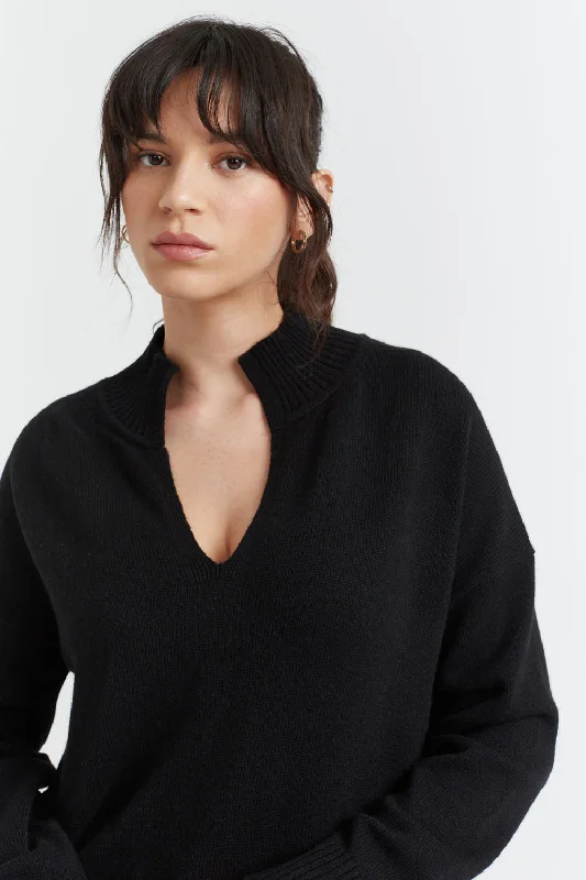 Women's Luxury Apparel Flash Sale Fever Black Cashmere V-Neck Funnel Sweater