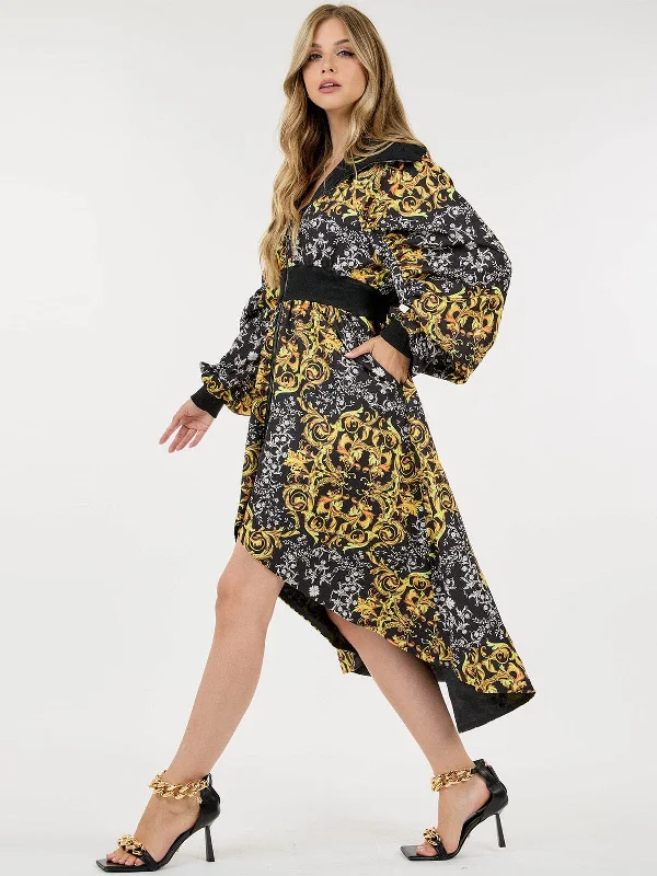 Women's Casual Apparel Special Offers WOMEN'S LONG SLEEVE ZIP UP MULTI PRINT TUNIC POCKETS HIGH-LOW MIDI DRESS