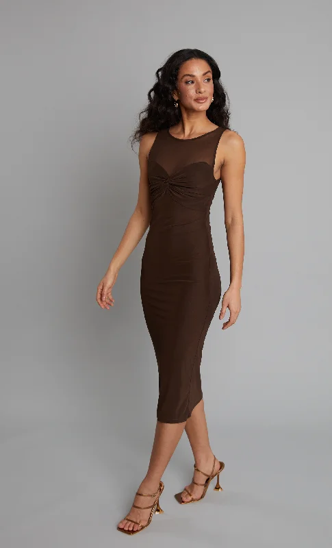 Women's Transitional Clothes Budget-Friendly Fashion Brown Mesh Twist Bust Midi Dress