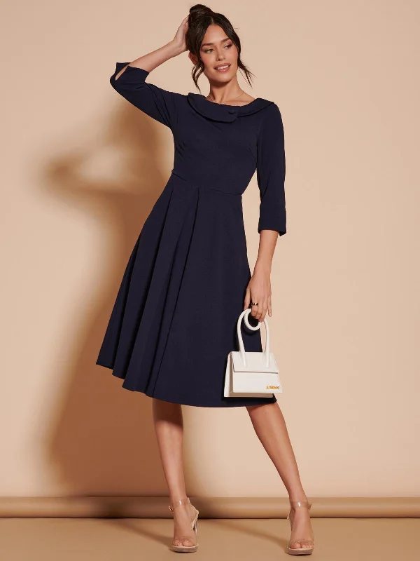 Women's Everyday Garments Unleash Your Trendy Side 3/4 Sleeve Fold Neck Midi Dress, Navy