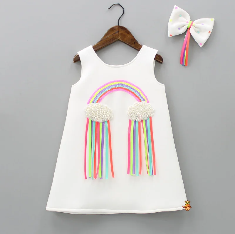 Women's Comfy Loungewear Outfit Snag Fabulous Fashion Bargains Sequins Rainbow Embroidered White Dress With Bowie Hair Clip Women's Comfy Loungewear Outfit Snag Fabulous Fashion Bargains Sequins Rainbow Embroidered White Dress With Bowie Hair Clip