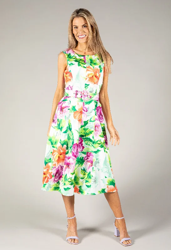 Modern Women's Outfit Avant-Garde Style Promotions Floral Belted A-Line Midi Dress