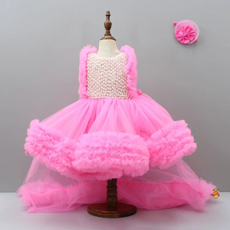 Affordable Women's Apparel Casual Fashion Glamorous Pink Frilled Dress With Detachable Trail And Head Band Affordable Women's Apparel Casual Fashion Glamorous Pink Frilled Dress With Detachable Trail And Head Band