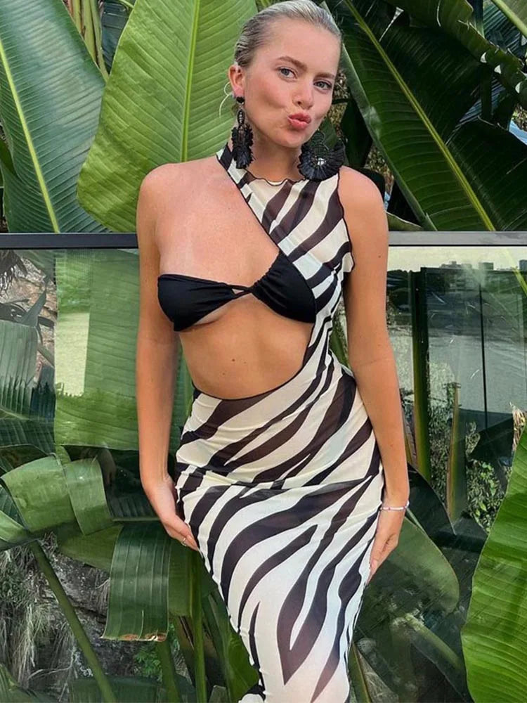 Women's High-Fashion Attire New Season Fashion Preview Zebra Transparent Striped Cut Out Vacation Midi Dresses