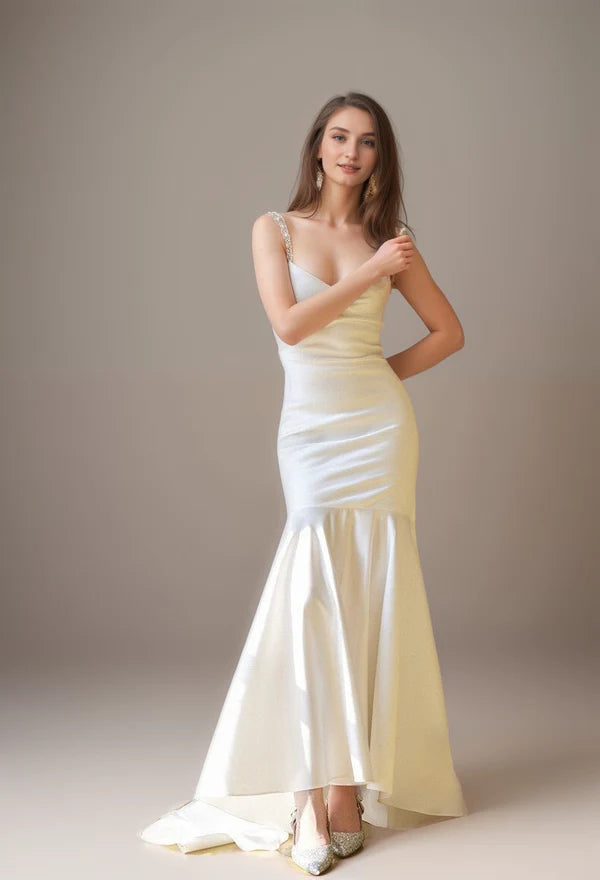Women's Tailored Outfit Top Deals Goddess Style Pearl Beaded Spaghetti-straps Mermaid Satin wedding dress small train
