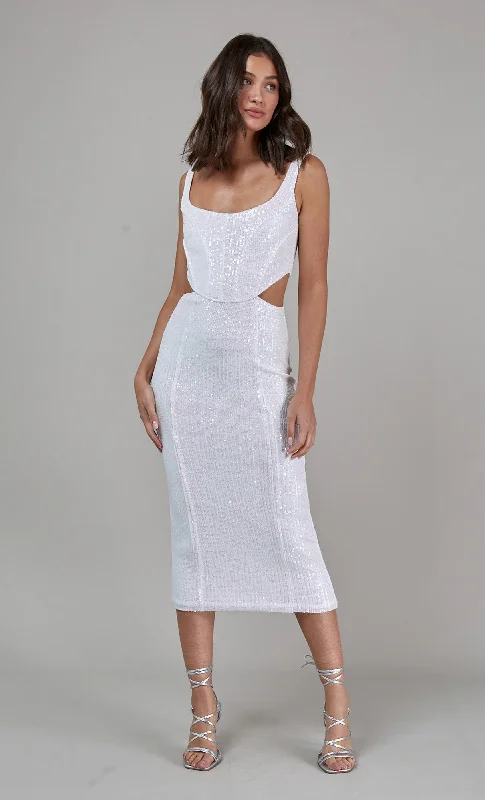 Sustainable Women's Clothes Big Savings White Sequin Corset Cut Out Midi Dress