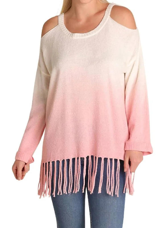 Women's Tailored Outfit Season Sale Ombre Cold Shoulder Fringe Sweater - Plus In Rose