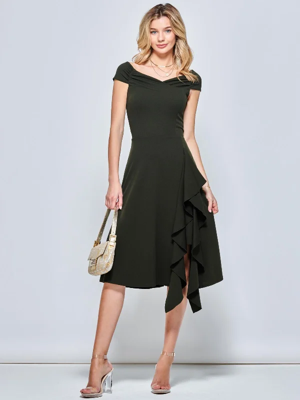 Women's Functional Outdoor Garments Everyday Elegance Sale Off Shoulder Frill Ponte Midi Dress, Soldier Green