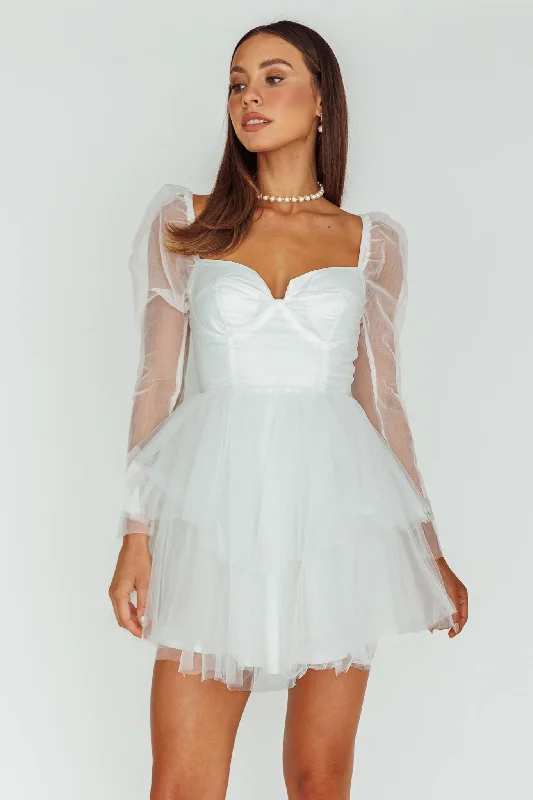Women's Sports Apparel Luxury Fashion Discounts Veola Long Sleeve Tulle Mini Dress White Women's Sports Apparel Luxury Fashion Discounts Veola Long Sleeve Tulle Mini Dress White