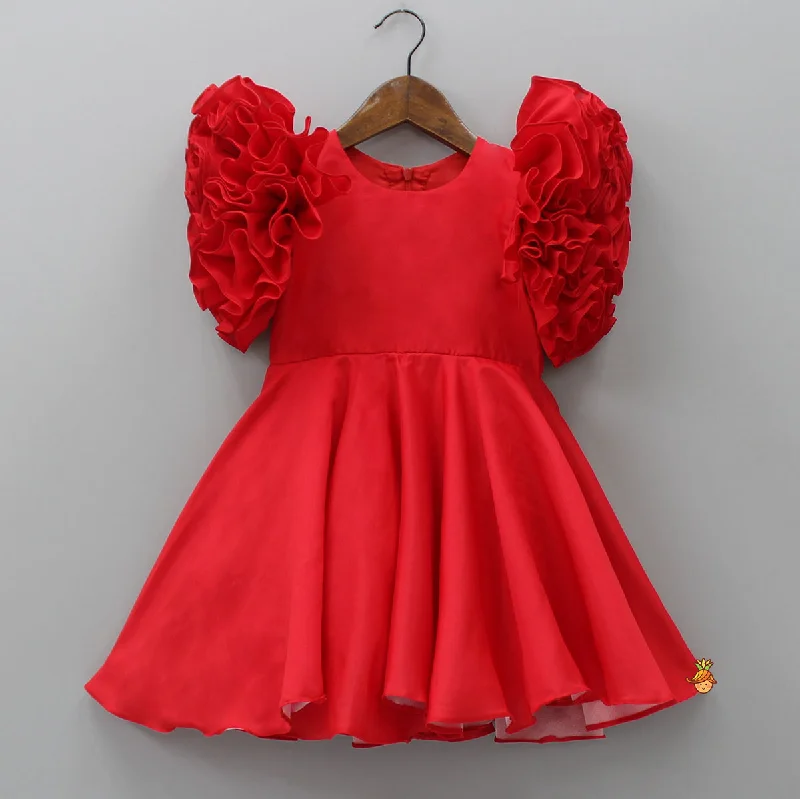 Women's Holiday Attire Boutique Styles Red Ruffled Sleeves Dress