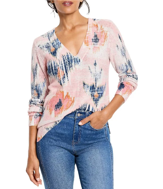 Elegant Women's Evening Garments Hot Picks Abstract Floral Waffle Stitch V-Neck Sweater In Pink Multi Elegant Women's Evening Garments Hot Picks Abstract Floral Waffle Stitch V-Neck Sweater In Pink Multi