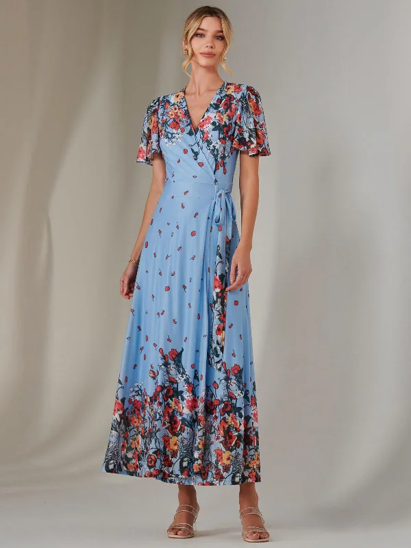 Vintage Clothing For Women Chic Style Discounts Mirror Print Mesh Wrap Maxi Dress, Blue Floral