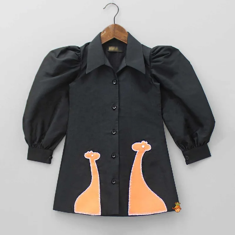Vintage-Inspired Garments Relaxed Style Giraffe Embroidered Black Collared Neck Dress