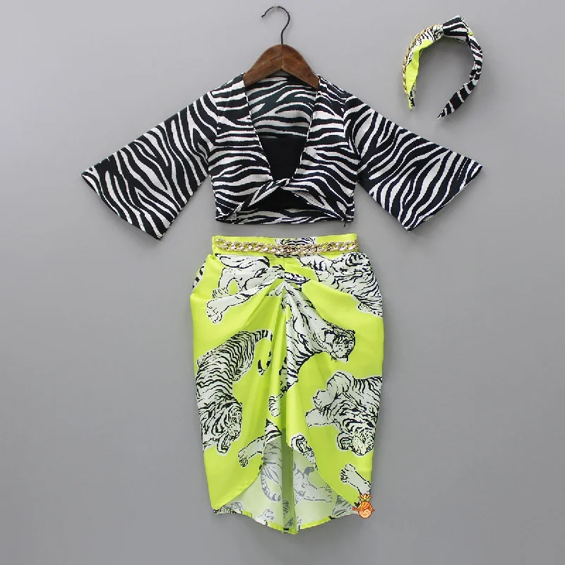 Women's Transitional Clothes Holiday Attire Sale Smocked Back Black Crop Top With Flared Sleeves Jacket And Stylish Tiger Printed Skirt With Chain Hair Band Women's Transitional Clothes Holiday Attire Sale Smocked Back Black Crop Top With Flared Sleeves Jacket And Stylish Tiger Printed Skirt With Chain Hair Band