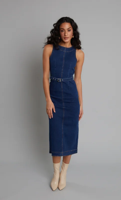 Women's Professional Outfit Refined Fashion Sale Dark Denim Midaxi Shift Dress